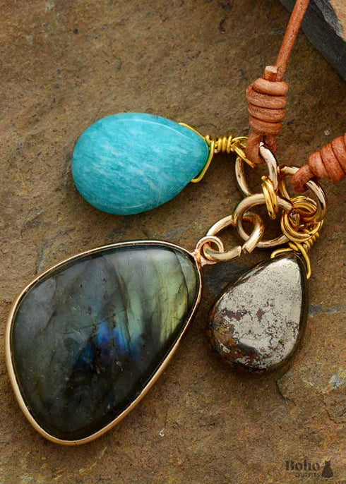 Boho Necklace, Labradorite Amazonite Leather Pendant Necklace